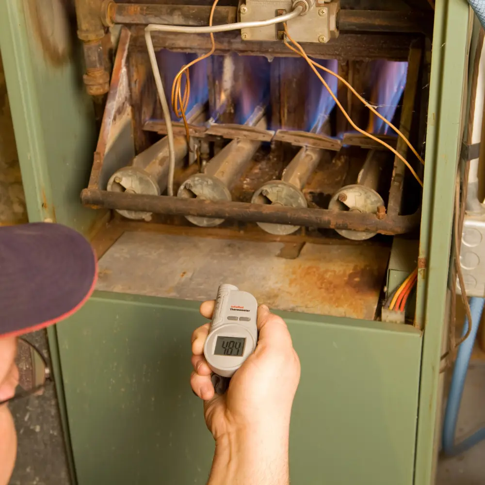 tech doing maintenance on oil furnace